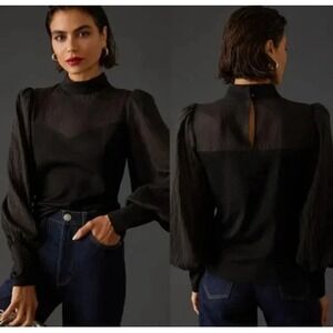 Flat White Anthropologie Blouse Womens Medium Black Sheer Mock Puff Sleeve Top